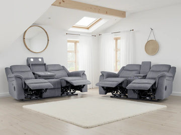 Galaxy Tech Electric Recliner Sofa Grey Fabric 3+2 Set | LED, USB & Bluetooth